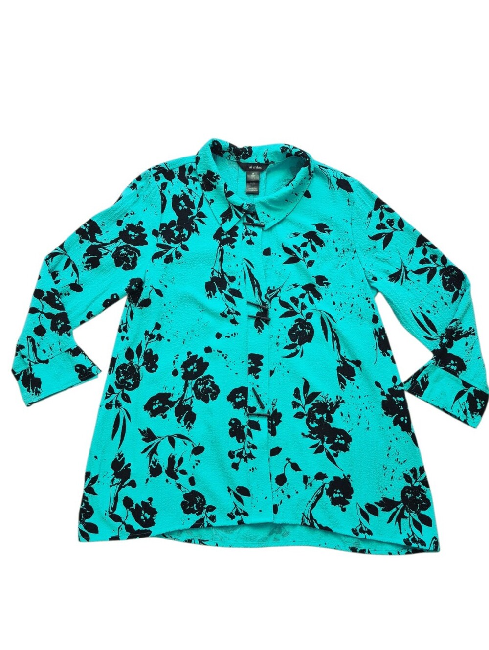 Ali Miles Floral green toggle button tunic Crinkle shirt size M Abstract artsy - Picture 15 of 16